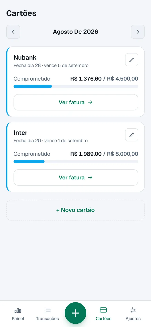 Tela de cartões do Grana Certa com o limite usado de cada cartão