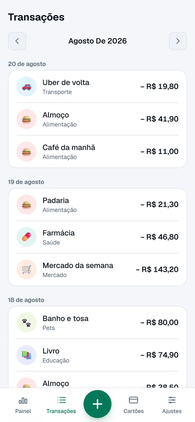 Tela de transações do Grana Certa, com os gastos do mês agrupados por dia